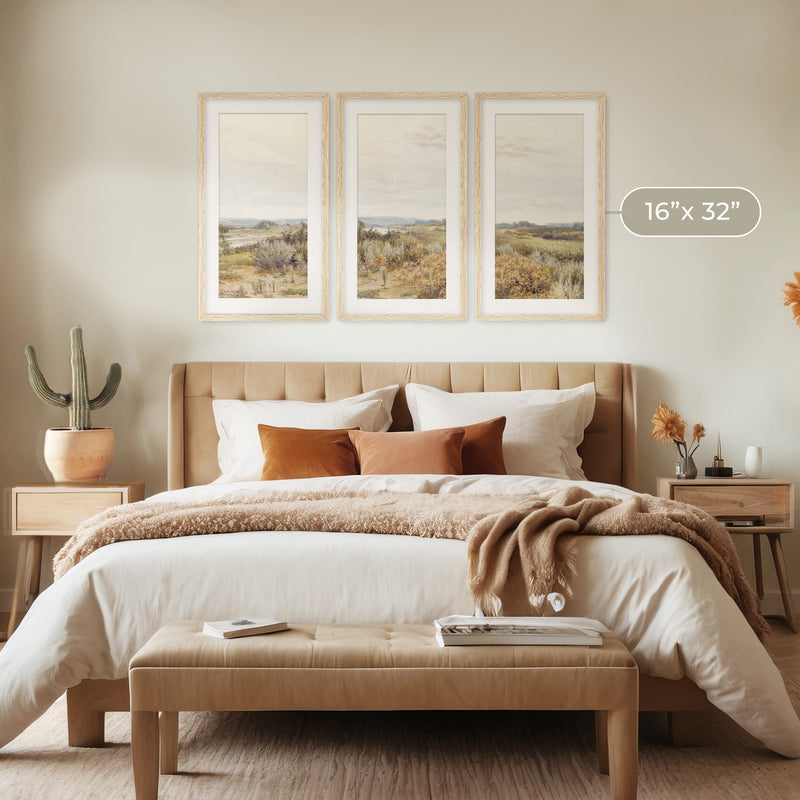 3 Piece Desert Painting with Sage Brush - Sage and Rose Prints