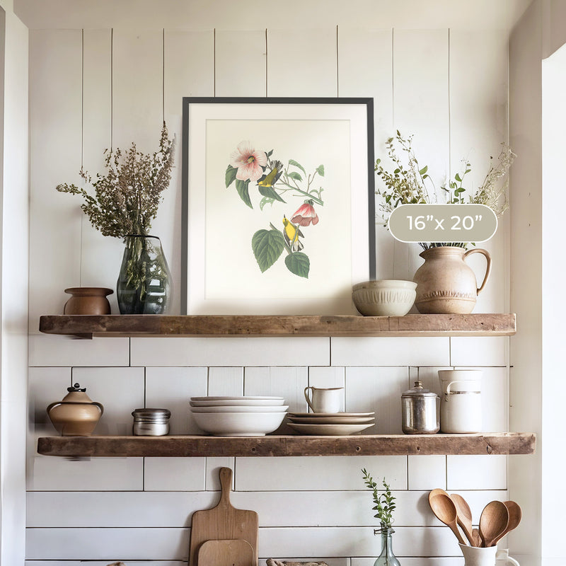 Bird Artwork with Pink Flower - Sage and Rose Prints