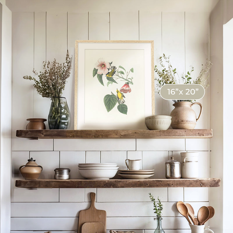 Bird Artwork with Pink Flower - Sage and Rose Prints