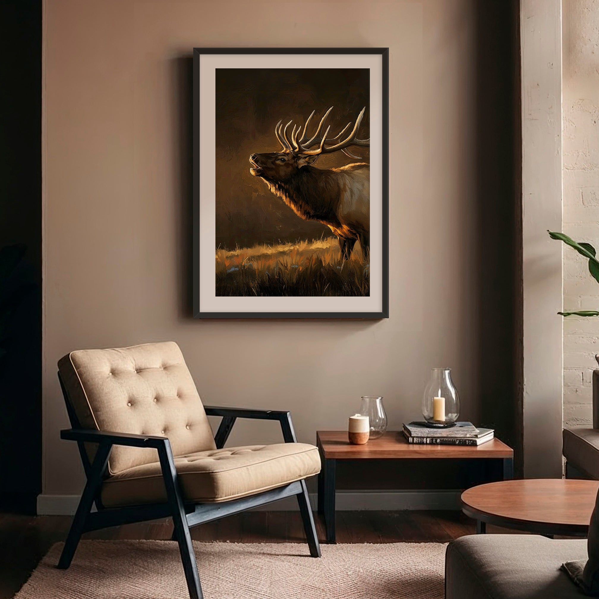 Moody Earth Tone Elk Wildlife Painting - Sage and Rose Prints