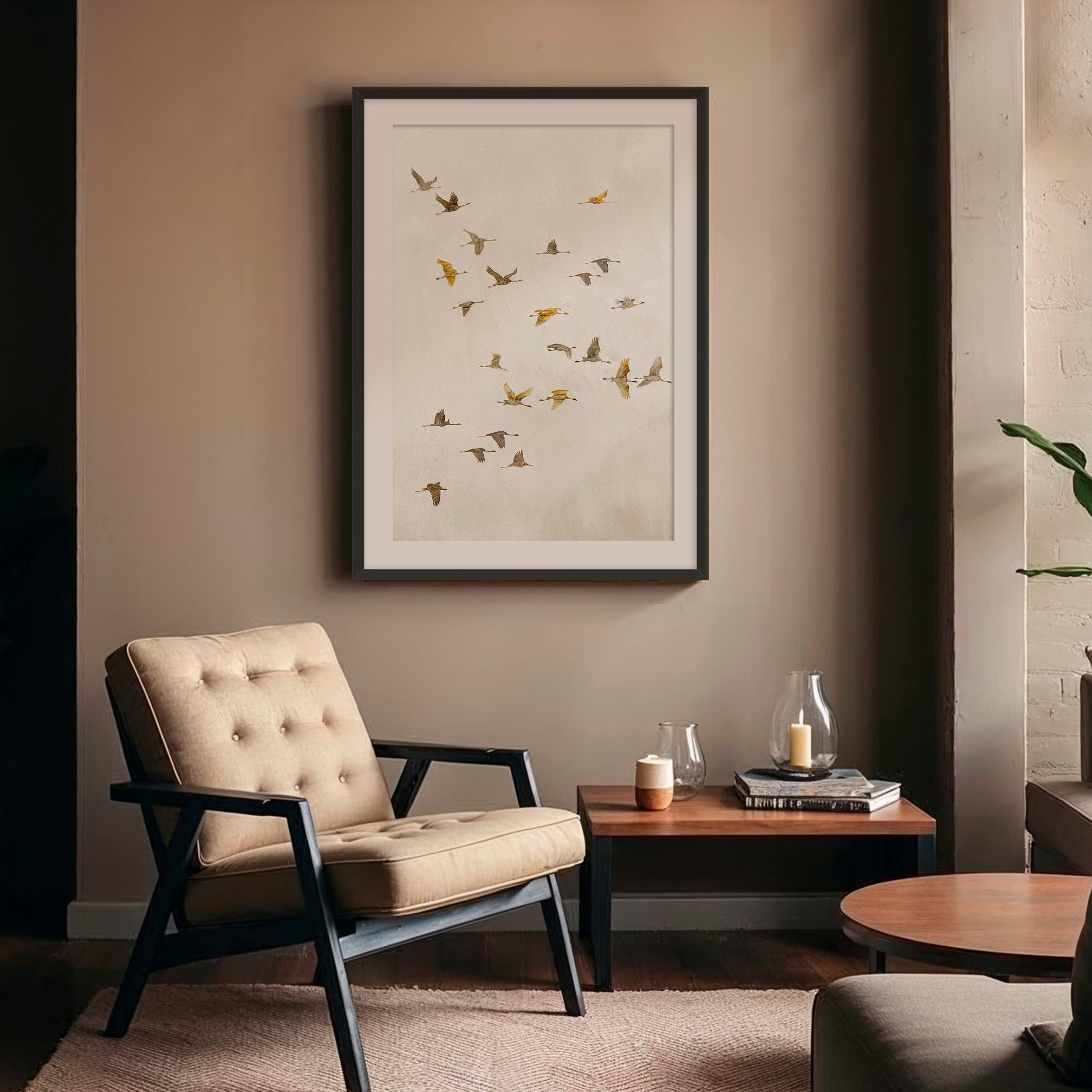 Flock of Birds Tan Japandi Watercolor - Sage and Rose Prints