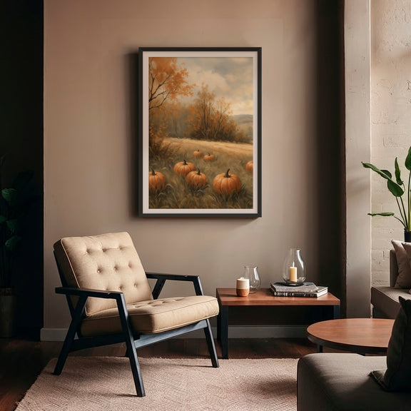 Vintage Style pumpkin fall print, fall artwork with solid wood black frame, fall wall art, pumpkin fall oil painting, fall wall decor in burnt orange and light beige, moody landscape by Sage & Rose Prints
