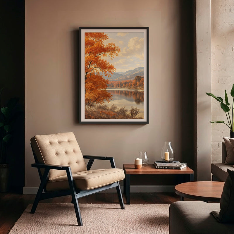 Vintage style fall landscape painting print, fall artwork with wood frame, fall wall art, fall forest, autumn trees, vintage style, Old Masters, rustic, fall painting, fall wall decor in burnt orange and light beige, Sage & Rose Prints