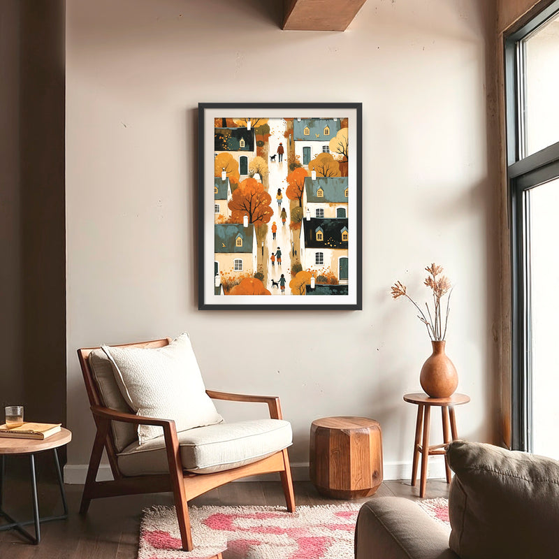 Nostalgic Village Folk Art Fall Wall Art - Sage and Rose Prints