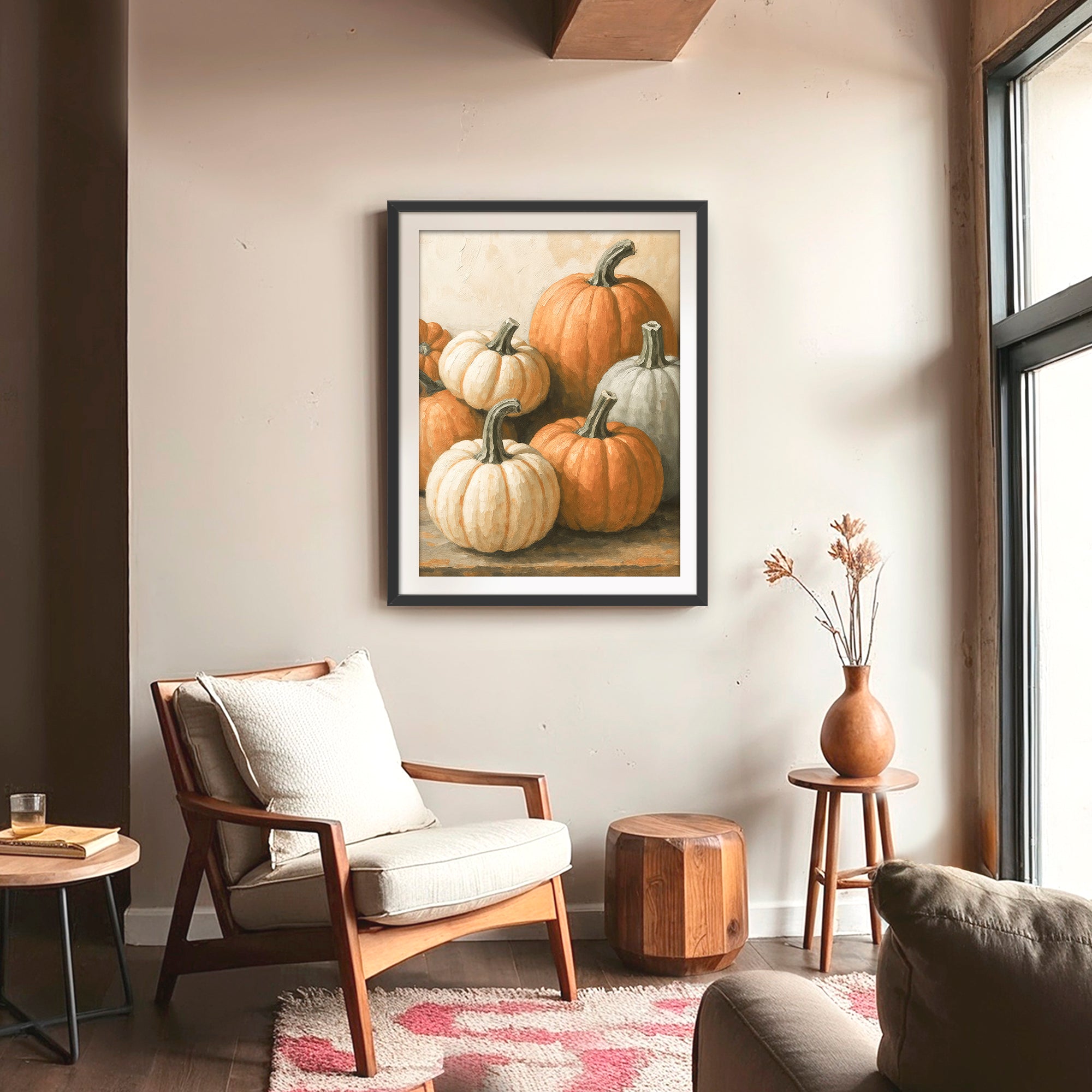 Pumpkin fall print, fall artwork with black frame, fall wall art, pumpkin fall oil painting, fall wall decor in burnt orange and light beige, Sage & Rose Prints
