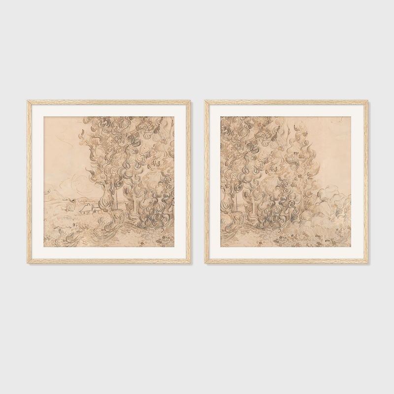 Vintage Drawing by Van Gogh 2-Panel Set - Sage and Rose Prints