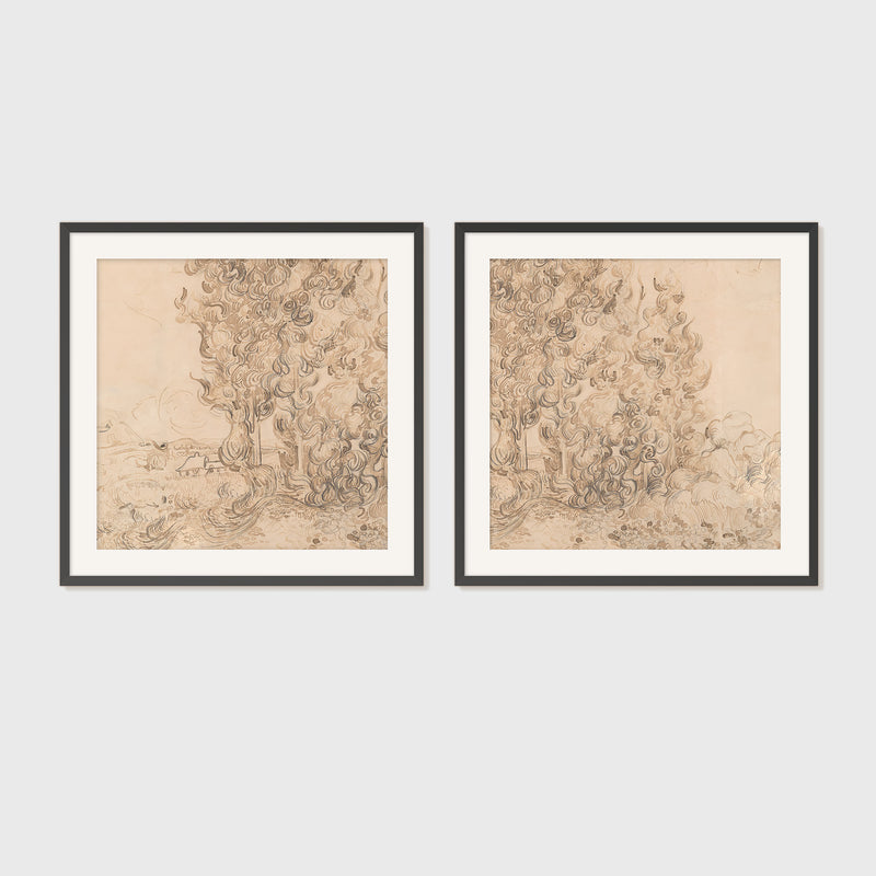 Vintage Drawing by Van Gogh 2-Panel Set - Sage and Rose Prints