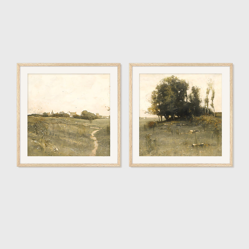 Muted Green Countryside Landscape 2 Piece Art Set - Sage and Rose Prints
