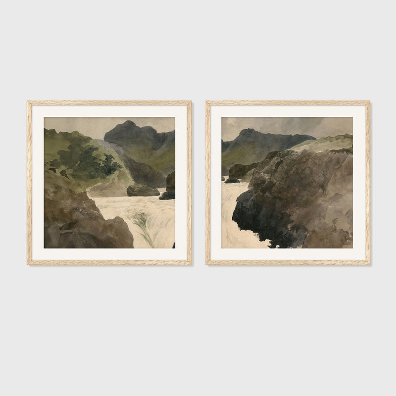 River Rapids Muted Watercolor 2-Panel Set - Sage and Rose Prints