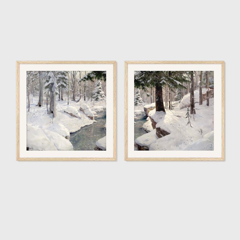 Snowy Forest Old Masters 2-Panel Art Set - Sage and Rose Prints