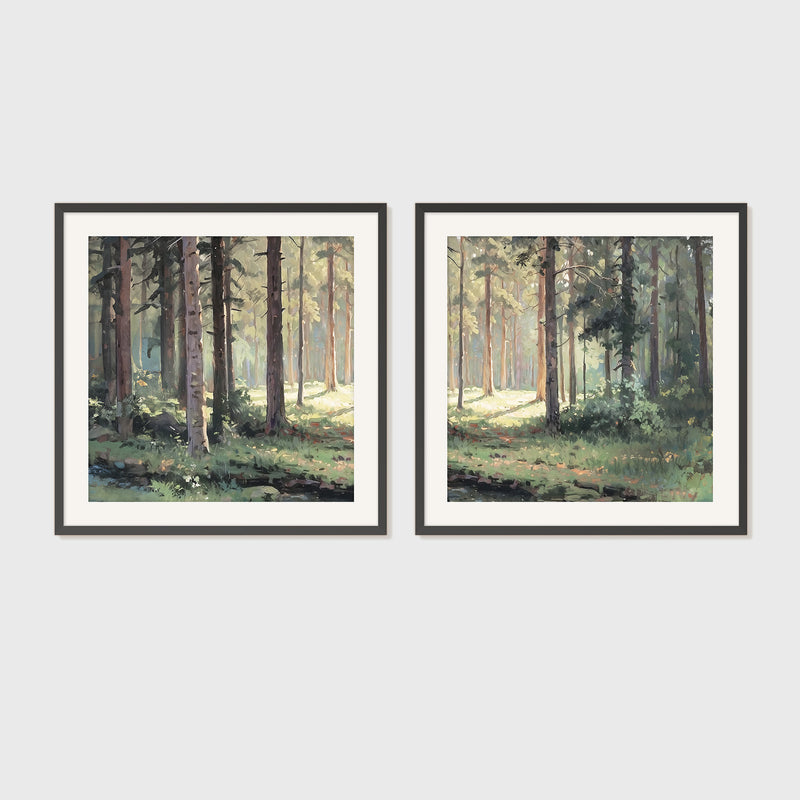 Sunny Forest Clearing Paintings 2-Panel Art Set - Sage and Rose Prints