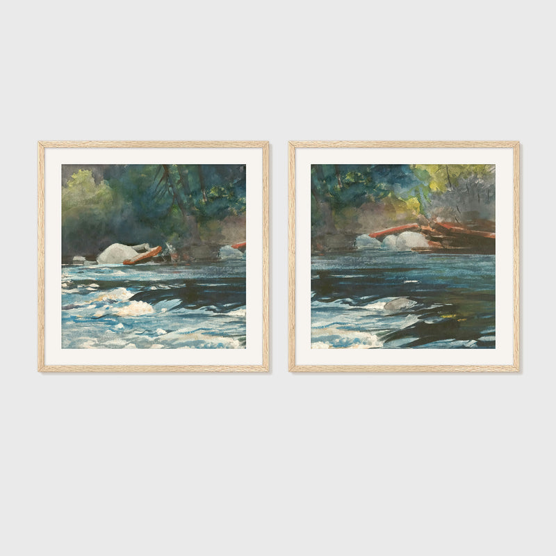River Painting in Green Shades 2-Panel Set - Sage and Rose Prints