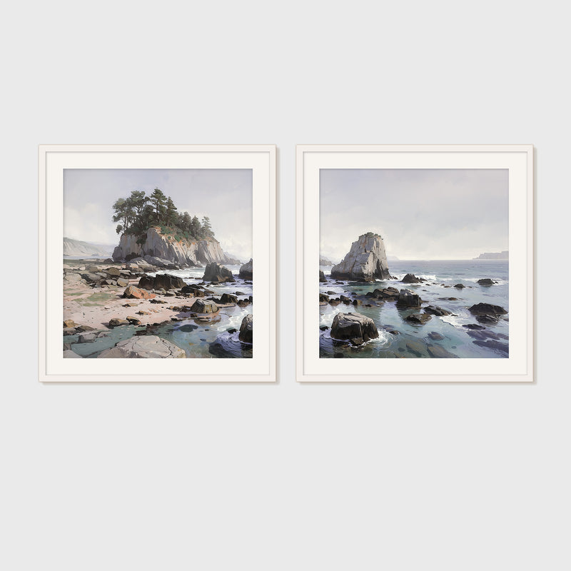 Rocky Beach Painting 2-Panel Art Set - Sage and Rose Prints