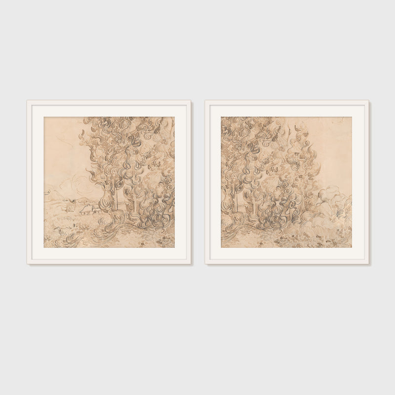 Vintage Drawing by Van Gogh 2-Panel Set - Sage and Rose Prints