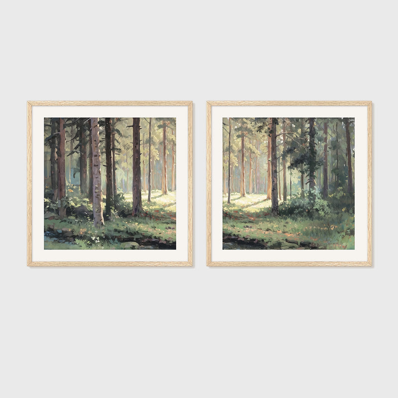 Sunny Forest Clearing Paintings 2-Panel Art Set - Sage and Rose Prints