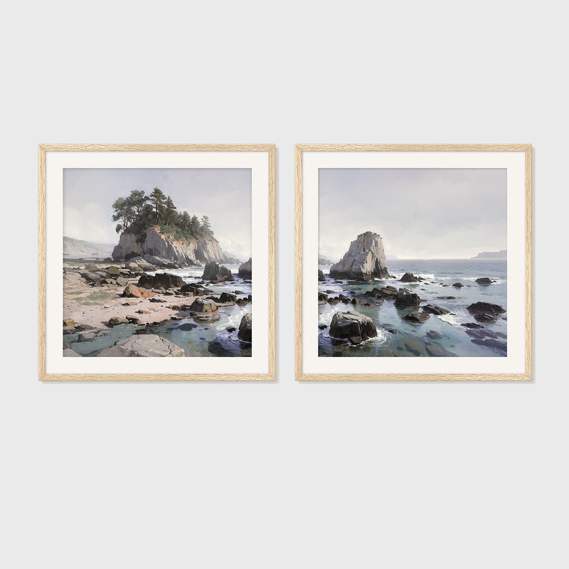 Rocky Beach Painting 2-Panel Art Set - Sage and Rose Prints