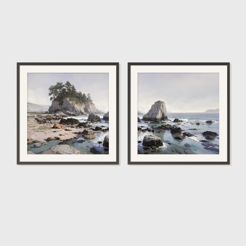 Rocky Beach Painting 2-Panel Art Set - Sage and Rose Prints