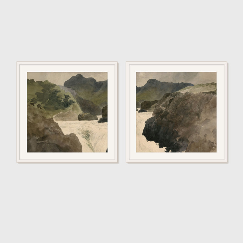 River Rapids Muted Watercolor 2-Panel Set - Sage and Rose Prints