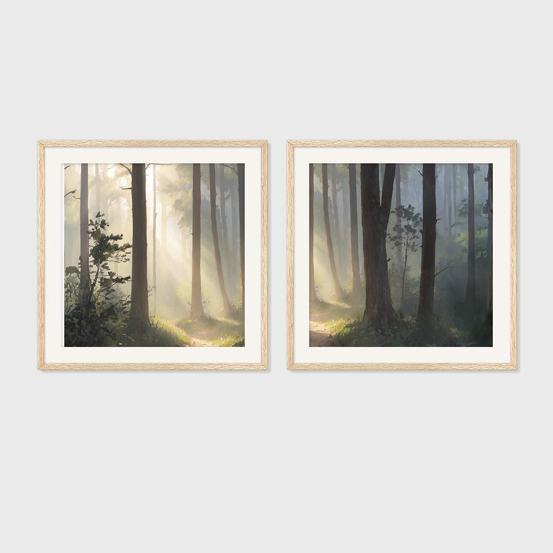 Sunlight Through a Misty Forest 2 Panel Set - Sage and Rose Prints
