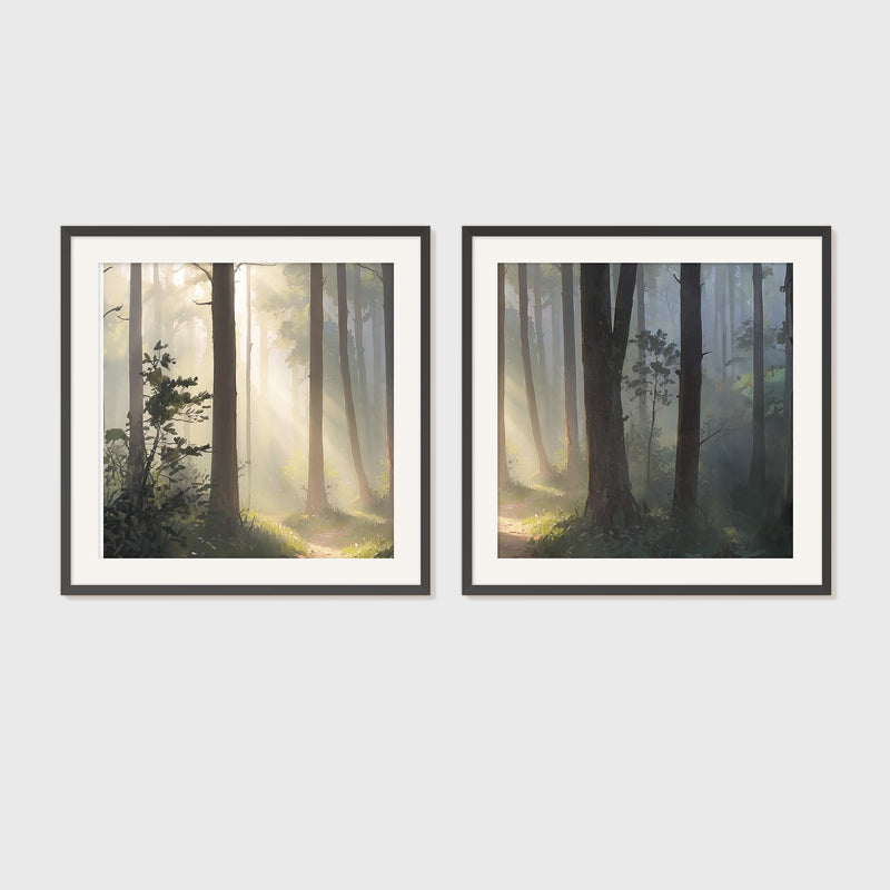 Sunlight Through a Misty Forest 2 Panel Set - Sage and Rose Prints