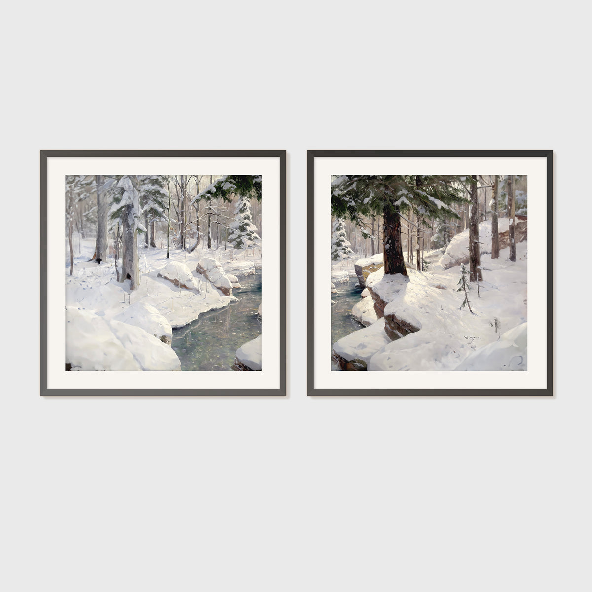 Snowy Forest Old Masters 2-Panel Art Set - Sage and Rose Prints