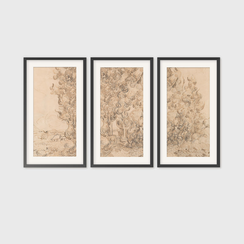 Vintage Drawing by Vincent Van Gogh Triptych - Sage and Rose Prints