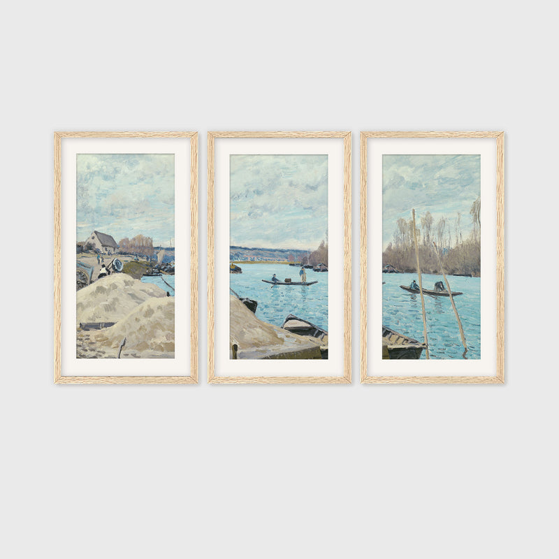 Boats on the River in Tan and Teal Triptych - Sage and Rose Prints
