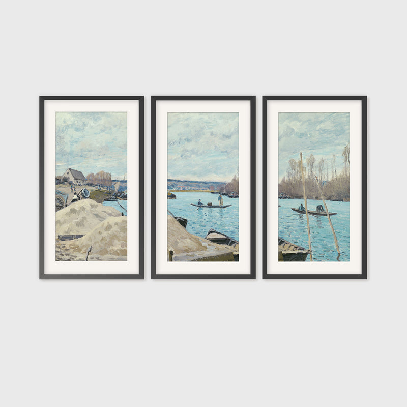 Boats on the River in Tan and Teal Triptych - Sage and Rose Prints