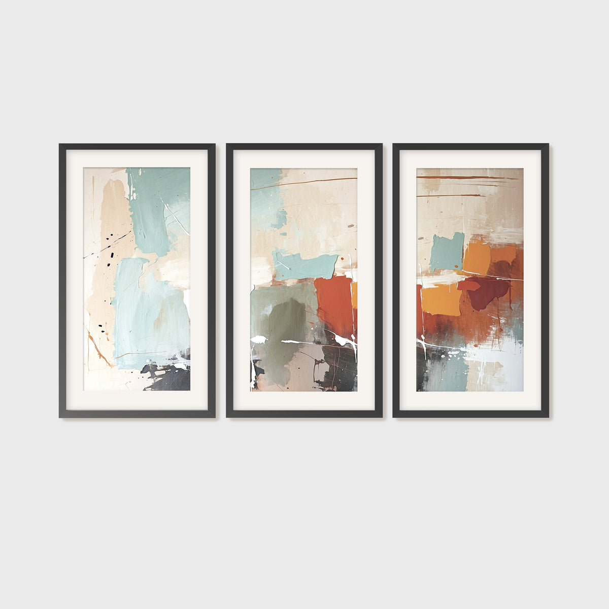 Dusty Blue and Orange Abstract Triptych - Sage and Rose Prints