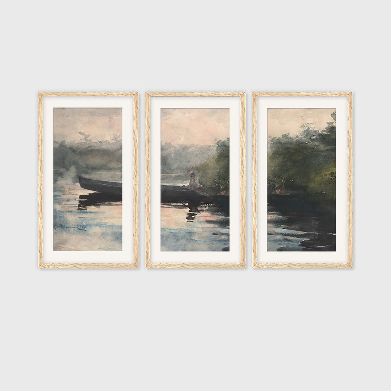 Muted Waters Fishing Watercolor Triptych - Sage and Rose Prints