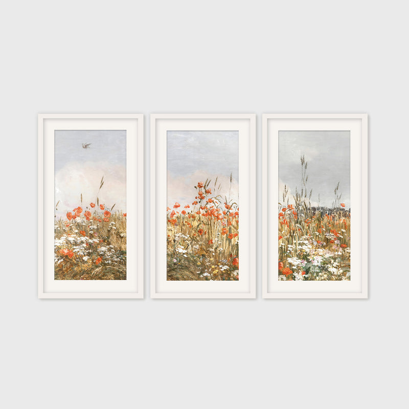 Poppies Spring Bloom Impressionist Painting Triptych - Sage and Rose Prints