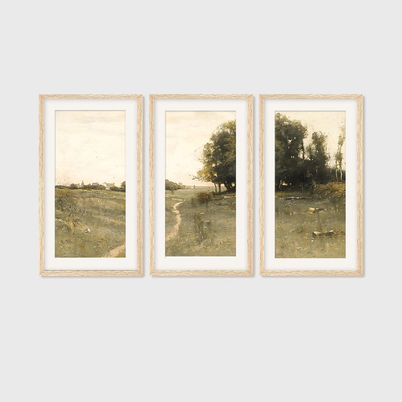 Muted Green Countryside Landscape Triptych - Sage and Rose Prints