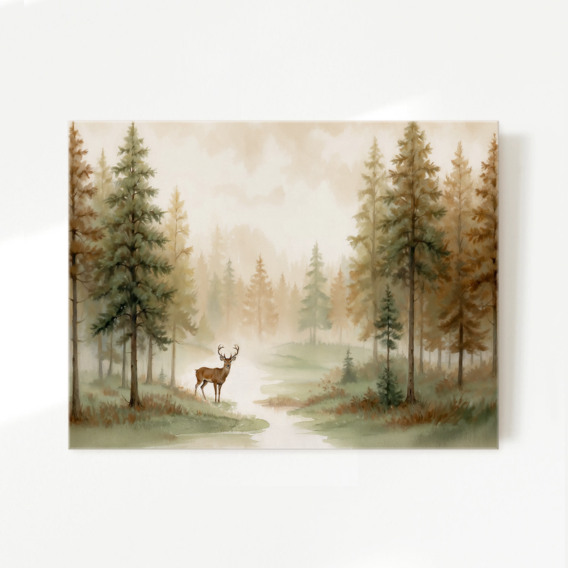 Dear Painting in a Misty Fall Forest - Sage and Rose Prints