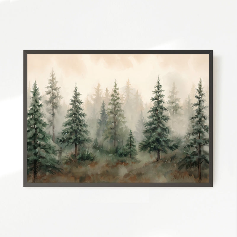 Misty Forest Watercolor in Shades of Green - Sage and Rose Prints