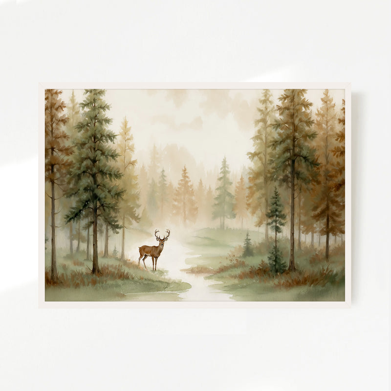 Dear Painting in a Misty Fall Forest - Sage and Rose Prints