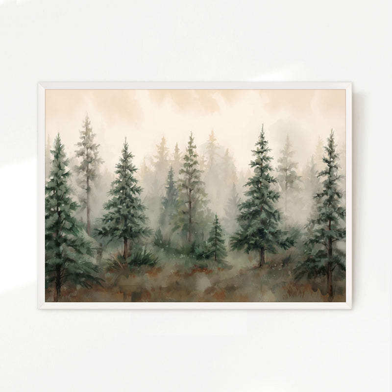 Misty Forest Watercolor in Shades of Green - Sage and Rose Prints