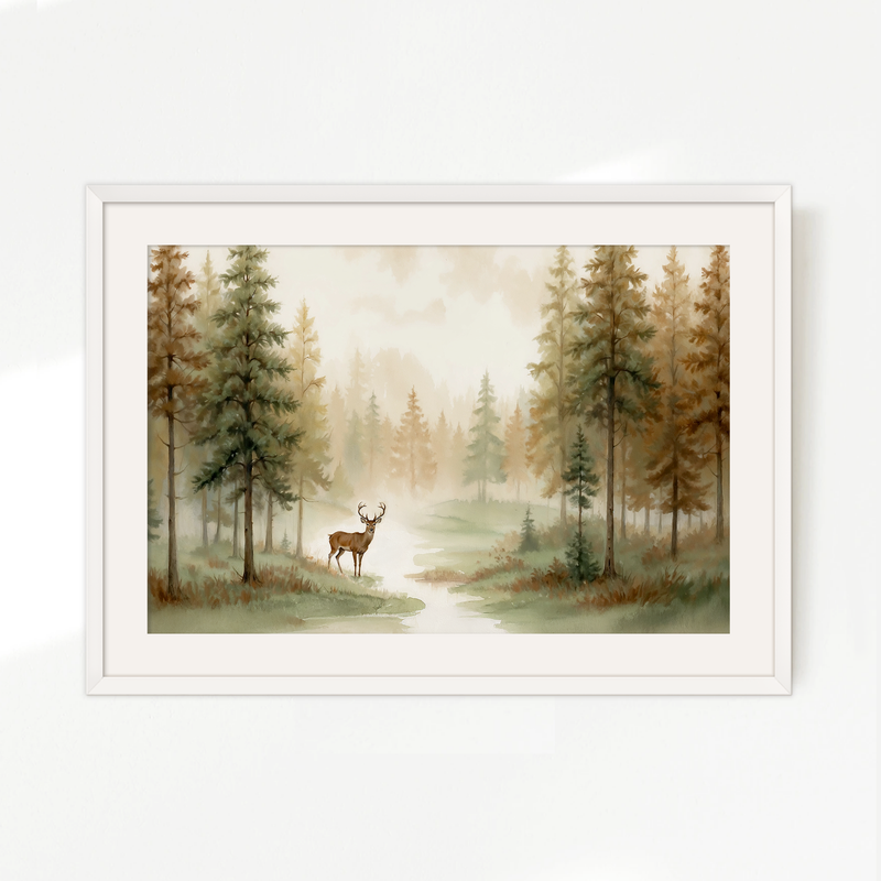 Dear Painting in a Misty Fall Forest - Sage and Rose Prints