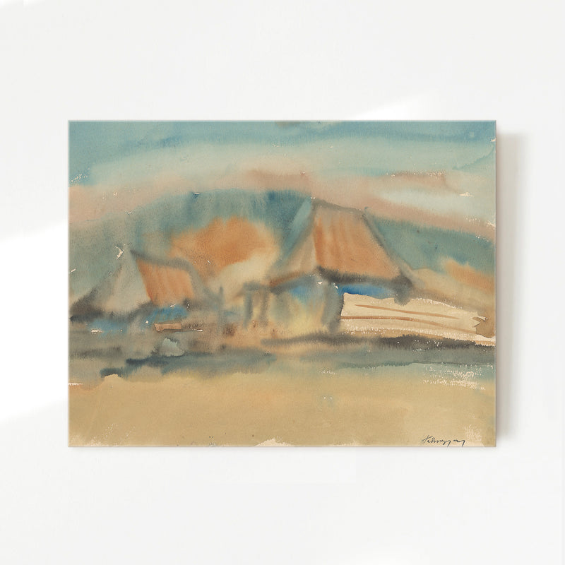 Cottage Watercolor in Tans and Teals - Sage and Rose Prints
