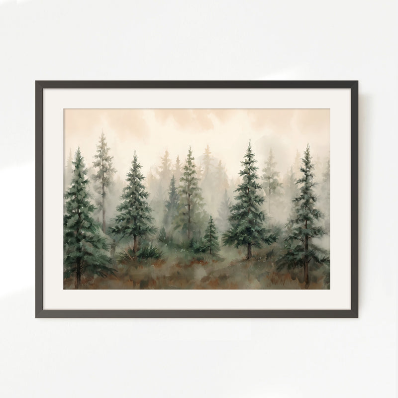 Misty Forest Watercolor in Shades of Green - Sage and Rose Prints