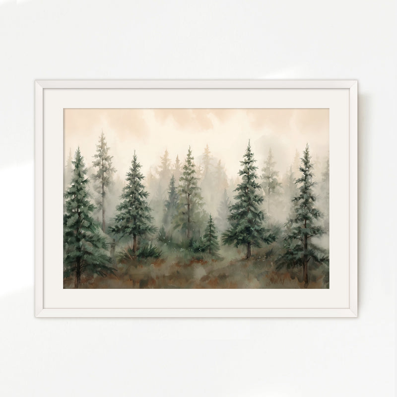 Misty Forest Watercolor in Shades of Green - Sage and Rose Prints