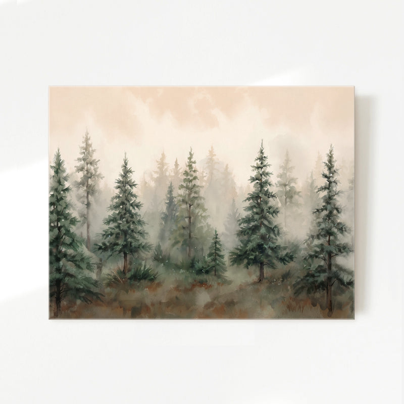 Misty Forest Watercolor in Shades of Green - Sage and Rose Prints