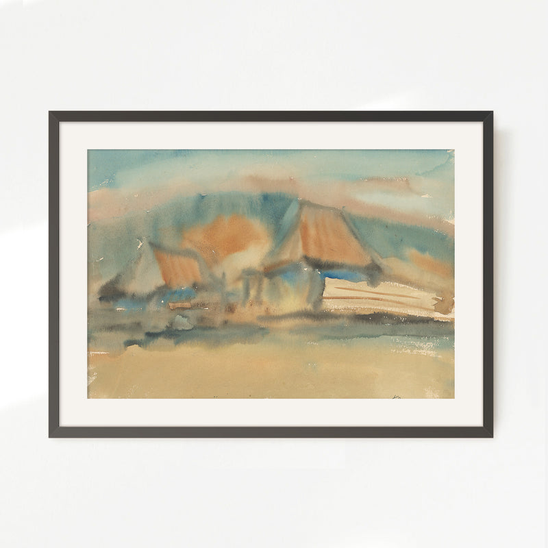 Cottage Watercolor in Tans and Teals - Sage and Rose Prints