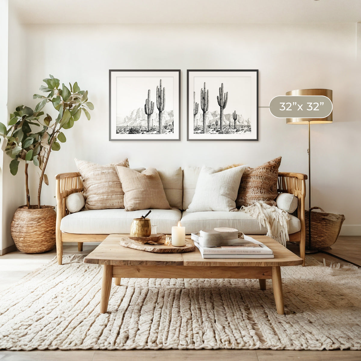 Black and White Cactus Wall Art 2-Panel Set - Sage and Rose Prints