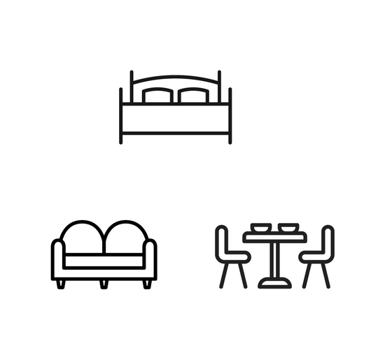 set of 3 icons one with a bed, a couch and dining room table representing that you can shop for multiple rooms of the house