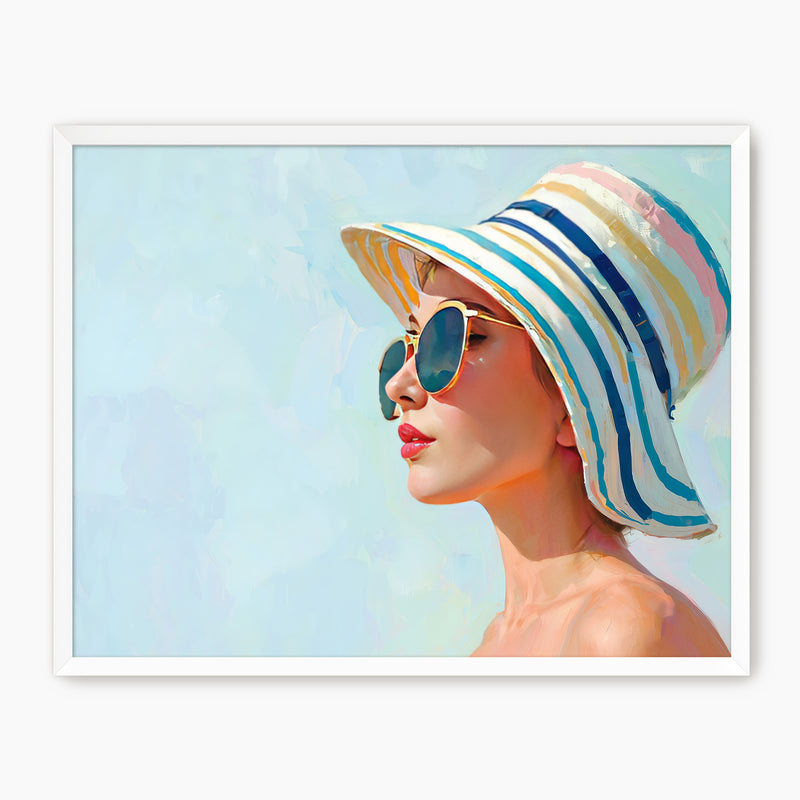 Retro Woman in a Striped Sun Hat - Sage and Rose Prints