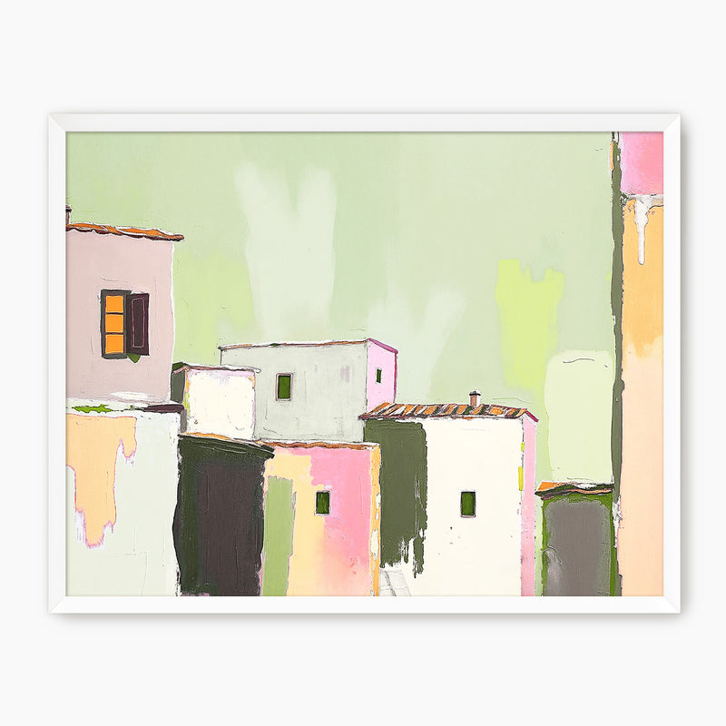 Green Abstract Village Painting Print - Sage and Rose Prints