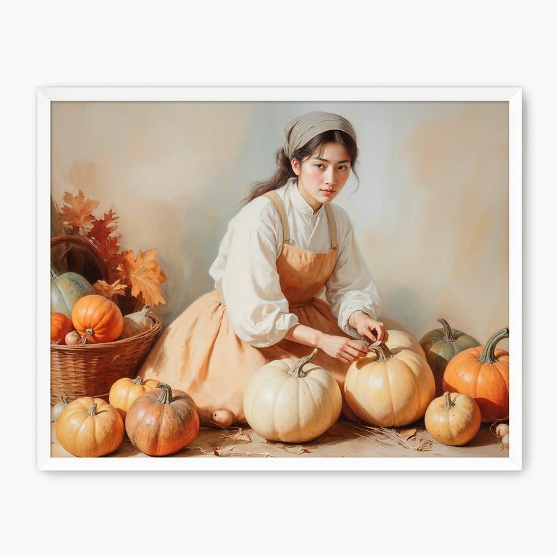 Vintage Fall Painting of Girl with Pumpkins - Sage and Rose Prints