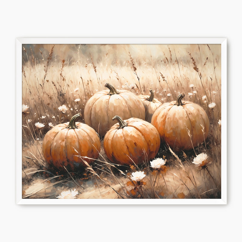 Pumpkin fall print, fall artwork with white frame, fall wall art, fall oil painting, lfall wall decor in burnt orange and light beige Sage & Rose Prints