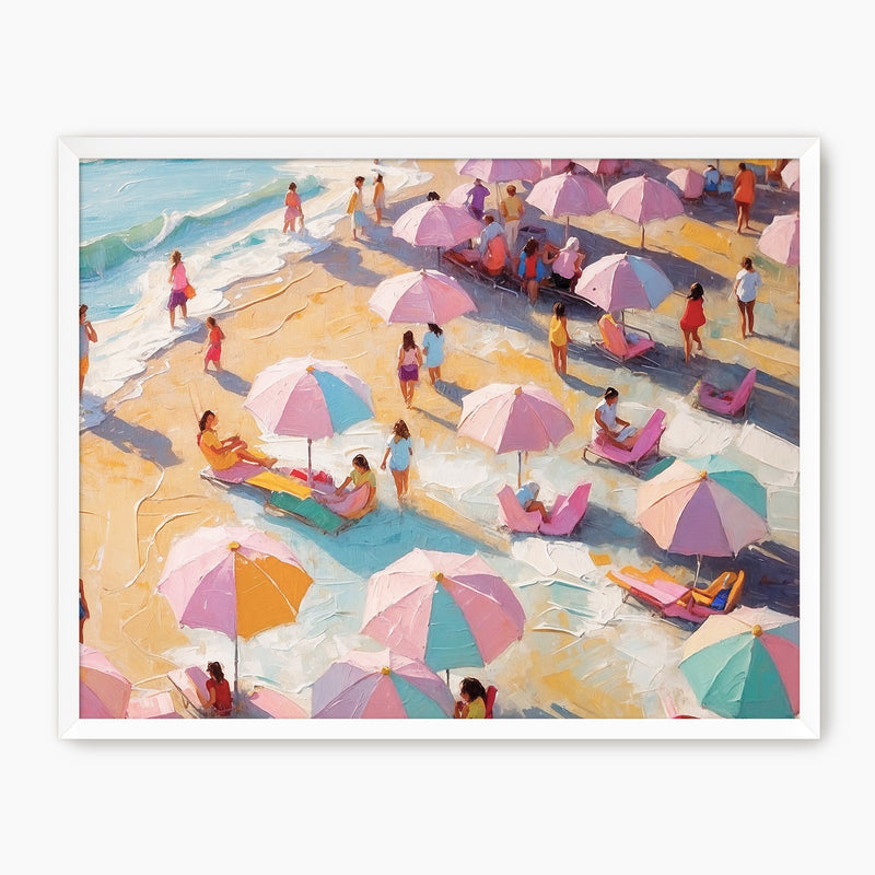 Bright Pink Umbrellas on a Crowded Beach - Sage and Rose Prints
