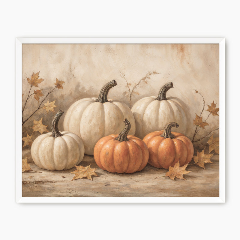 Pumpkin fall print, fall artwork with white frame, fall wall art, fall wall decor in burnt orange and light beige Sage & Rose Prints